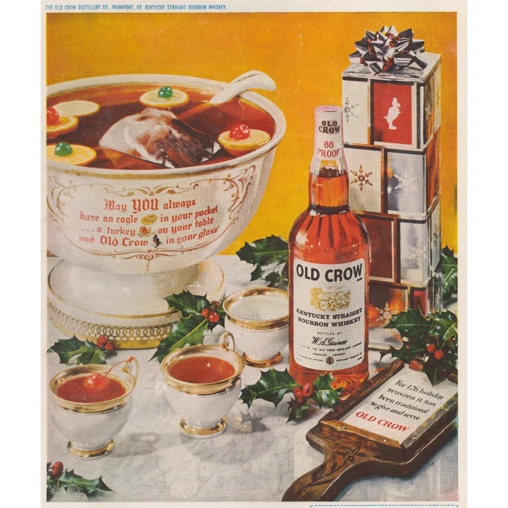Vintage 1961 Old Crow Bourbon Print Ad Kentucky Whiskey Holiday Bar Decor